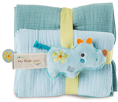 NICI Set Nashorn Manuffi: 2X weiches Mulltuch 60x60 cm + 1x Flauschiger Baby-Greifling 9 cm – Schmusetücher & Baby-Kuscheltier ab 0+ Monaten – Schnuffeltuch/Schmusetier für Mädchen & Jungen, 48046