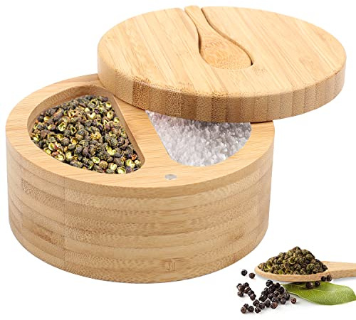 TIHOOK Bamboo Salt and Pepper Box, Spice Jars with Lids and Spoon | 2 Compartment Seasoning Box, Bamboo Salt Box for Storing Salt, Pepper, Sugar, Spices, or Seasonings