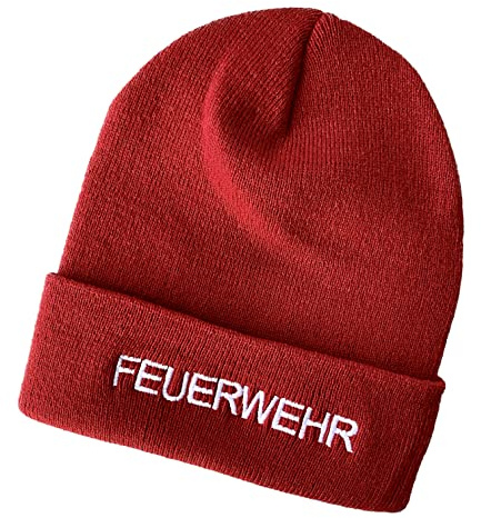 Schnoschi Strickmütze mit Breiten Umschlag (Beanie Mütze) mit Feuerwehr Bestickt für Herren, Damen, Jugendliche und Kinder