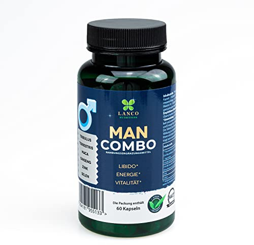 Lanco Man Combo Tribulus terrestris und Maca-Kapseln, Maca Tribulus Supplements für Muskelaufbau Energie Fruchtbarkeit, Testosteron-Booster mit Erd-Burzeldorn-Samenextrakt Vegan, 60 Kapseln