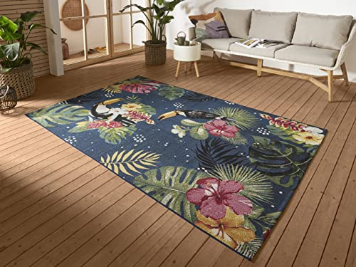 Hanse Home Tropical Dream In- & Outdoor Teppich – Flachgewebe Tropical Jungel Florales Palmen Design, ÖKO-TEX Wetterfest & UV-beständig für Balkon, Terrasse, Garten – Blau Multifarben, 160x235cm