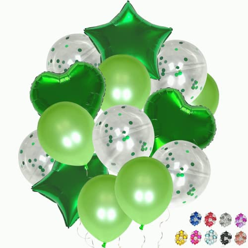 Lot de 14 ballons d'anniversaire vert foncé avec étoiles et coeurs en aluminium de 45 cm et ballons avec confettis et lisses de 30 cm, décoration d'anniversaire, fête des enfants, anniversaire