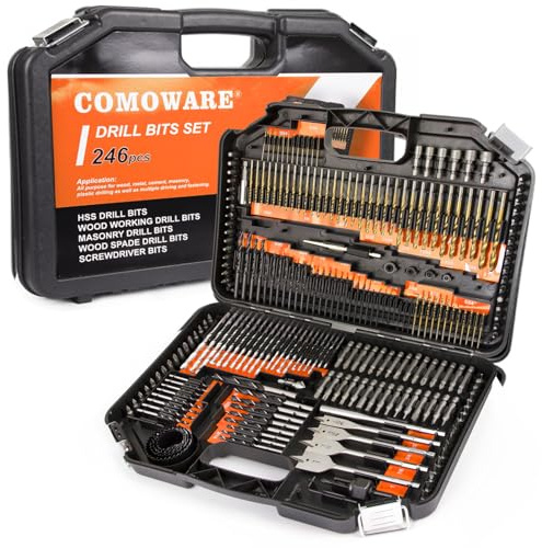 COMOWARE Drill Bit Set, 246 Pcs Screwdriver Bits for Cordless Drill, Screwdriver Drill Bits Set Combo Kit for Wood, Metal Masonry Cement, Orange Case