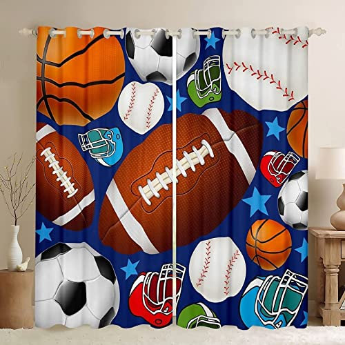 TEMLAN Fußball-Fußball-Basketball Kinder Gardinen Ballspiele Vorhänge Blickdicht Mit Ösen, Digitaldruck 3D Thermogardine Für Schlafzimmer Wohnzimmer (265 x 215 cm)