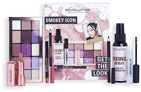 Revolution Get The Look Geschenkset Smokey Icon - Lidschattenpalette, Eyeliner, Lippenstift, Brow Glue & Setting Spray inklusive, Verschiedene Nuancen