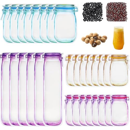 WSNDM 30 Stück Mason Jar Zip Beutel, 4 Größen, Wiederverwendbare Gefrierbeutel Luftdichte Versiegelung Bags, Auslaufsichere Snacks Taschen, für Reisen, Camping, Picknick