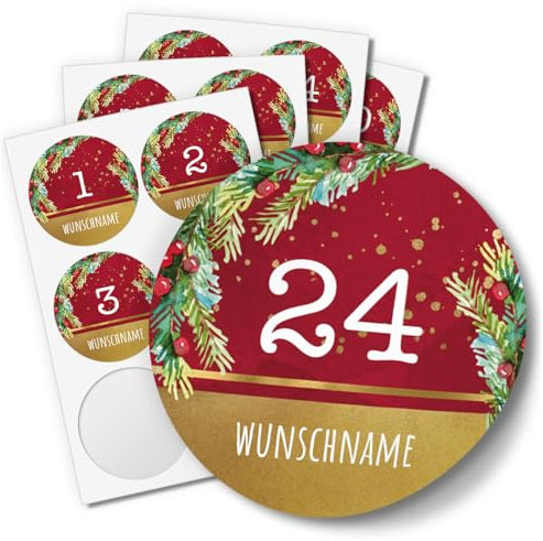 24 PERSONALISIERTE Adventskalender Etiketten mit Ihrem Wunsch-Namen und 1-24 Zahlen Rot Gold-Look 4cm niedlich Geschwister Bruder Schwester Name individuell