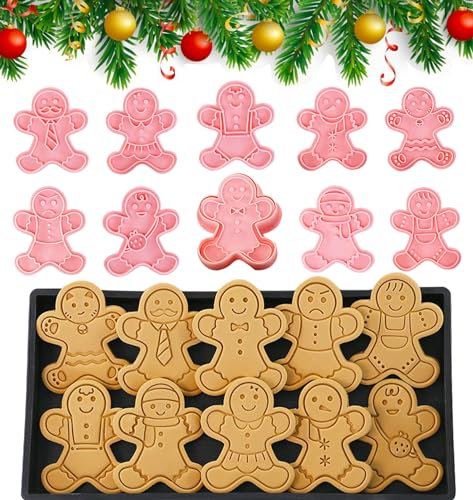 10 Stück Lebkuchenmann Ausstecher Ausstechform,Weihnachten Keksausstecher Set,Lebkuchenmann mit Lächeln Gesicht,Keksstempel 3D Ausstechformen für Weihnachten