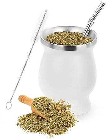 Yitobici Taza mate, juego de tazas de té mate, con pajita y cepillo de limpieza, diseño con aislamiento de doble pared, para té mate (blanco).