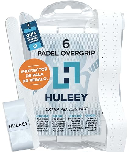HULEEY Overgrips Pádel Blanco Perforado – Packs 6/12/20/60 – Antideslizante Extra-Adherente – Alta Absorción – Incluye Protector de Pala