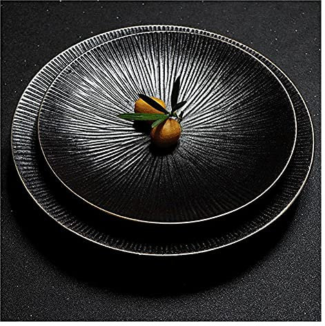 KOHARA Speiseteller, Mattschwarz, Porzellan-Speiseteller, rund mit Goldrand, Keramik-Dessertteller für Steak, Salat, Steak und Pasta, Set für 2 Teller (Farbe: Schwarz)