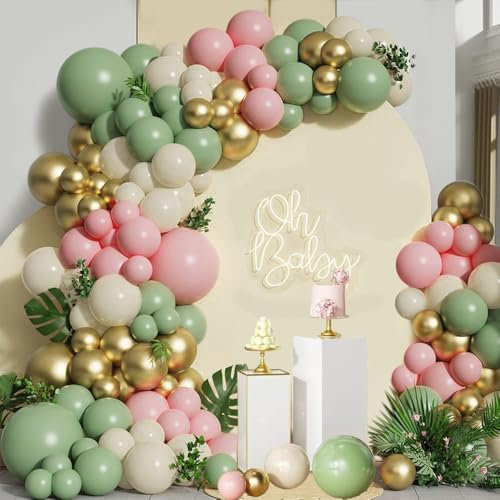 Kit de Arco de Globo Verde Rosa, 132 piezas Guirnalda de Globos Verde Rosa Blanco Oro, Globos Verde Salvia de Cumpleaños Boda Baby Shower Bautizo Comunion Fiesta Decoración