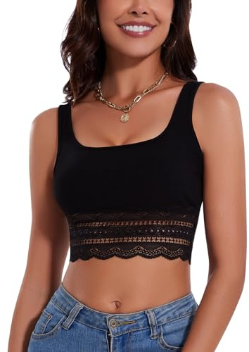 WOWENY Crop Tank Top Mujer Verano Cuello Cuadrado con Encaje Sexy Sin Mangas Acanalado Parte Superior Abdomen Top de Encaje Camiseta de Verano, Negro, L