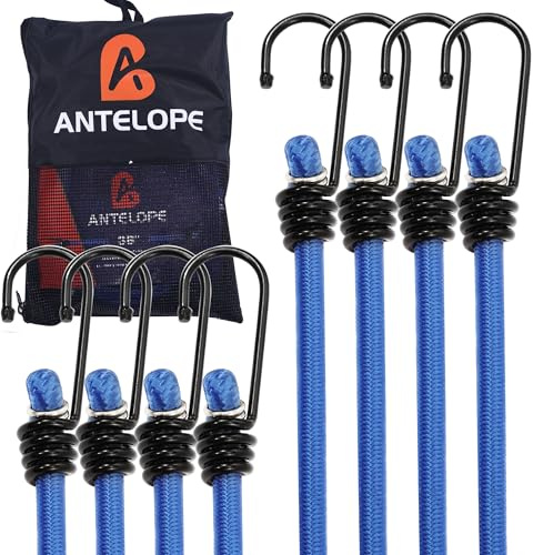 A ANTELOPE 36 Bungee Cords with Hooks, Pack of 8 Premium Heavy Duty Rubber with Strong Elastic Cords for Outdoor Tent, Luggage Rack, Camping, Cargo, RV, Bicycle, Transportation (Blue)