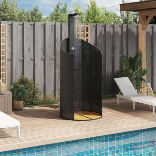 Faroom Rattan Gartendusche mit 180° Regenduschkopf Großer Pooldusche mit Lattenboden Outdoor Dusche für Garten Urlaub und Camping 100 x 100 x 241,5 cm Schwarz