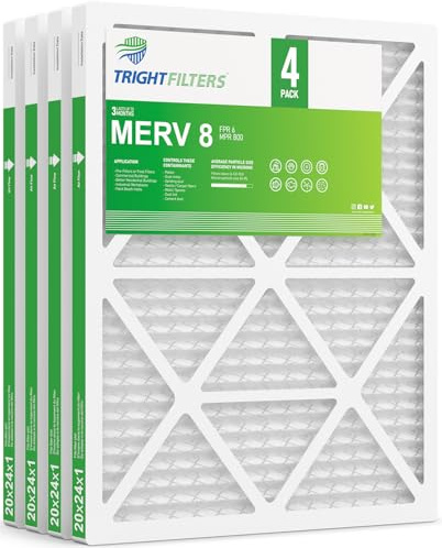 TRIGHTFILTERS 20 x 24 x 1 luftfilter 4-pack, MERV 8 veckat dammförsvar luftfilter ersättning luftkonditionering HVAC ugnsfilter, hållbar och lätt