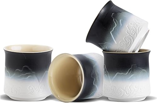 ZENS Japanische Teetasse 4er Set, 240ml Ästhetik geprägte Japan Teetassen für Matcha Tee, Chinesische Teetasse ohne Henkel, Asiatische Teetasse Traditionelle Teeliebhaber Geschenke, schwarz weiß