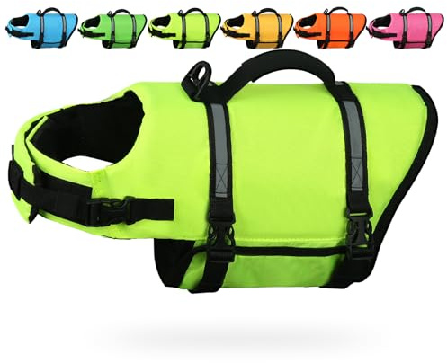 AMZNOVA Hundeschwimmweste Rip Stop Hunde Schwimmweste Rettungswesten | Schwimmweste Hunde-Schwimmweste zum Schwimmen, Auftrieb & Verstellbar for Hund, XS, Neongelb