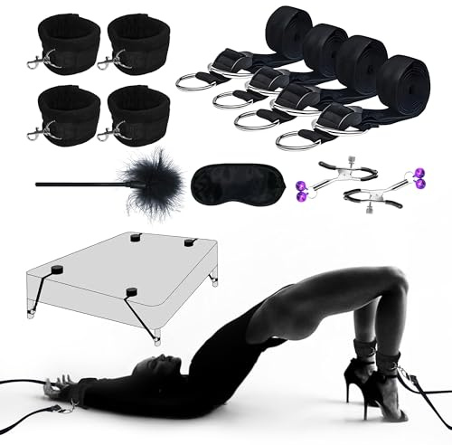 Kit BDSM Couple avec Sangles de Fixation aux Pieds du Lit – Menottes Réglables Poignets et Chevilles, Bandeau, Plume et Pinces à Tétons, Jeu de Bondage Complet