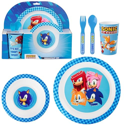 Get Trend SONIC THE HEDGEHOG Vajilla Infantil 5 Piezas, Vajillas Completas con Plato, Bol, Vaso, Cuchara y Tenedor de Plástico Reutilizable sin BPA (Azul Sonic The Hedgehog)