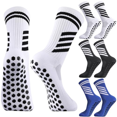 taonganui 3 Paare Fußballsocken Kinder, 31-34 Fussball Socken Anti Rutsch Trainingssocken Fussball Socken Rutschfeste Sportsocken für Fussball Basketball Rugby Tennis Laufen(Schwarz,Blau,Weiß)