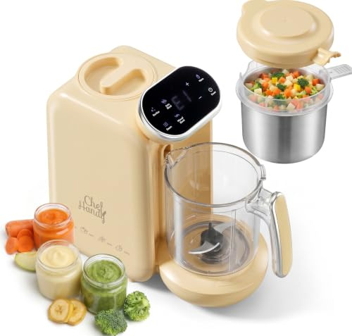 Chefhandy Cuocipappa per Neonati Multifunzione 5-in-1,Omogeneizzatore per Neonati con funzione vapore,frullatura,scaldalatte e allarme acqua insufficiente Per tutte le fasi del bambino (Giallo)