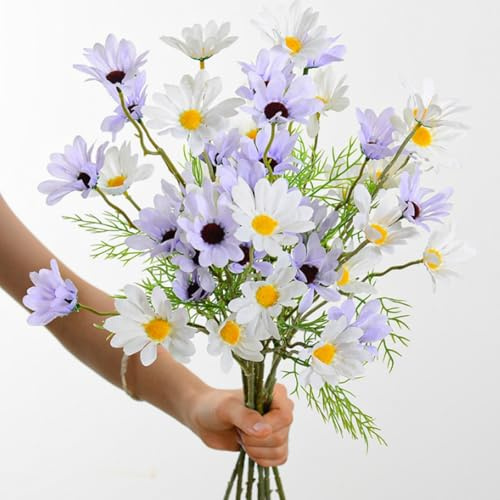 Artificial Flowers 10 Bundles Artificial Silk Daisy Fake Flowers UV Resistant Outdoor Fake Wildflowers with Stems Greenery Shrubs Plants Arrangements for Home Garden for Decoration (White+Blue Purple)