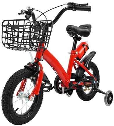ROMYIX Bicicletta per bambini da 12 pollici, per bambini, con ruote di supporto, cestino, bottiglia d'acqua, blu, rosa, rosso, per ragazze e ragazzi di 2 – 5 anni (rosso)