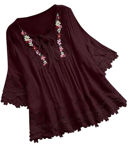SCBFDI Blouse Femme Chic et élégant Dentelle Chic Sexy Chemise en Coton Lin à Manche 3/4 Décontracté Blouse Ample à Col V Tunique Pas Cher Grande Taille Laçage Plissé Blouses de Travail Rouge 2XL