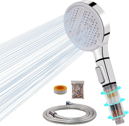VirtuGro Duschkopf mit Filter Shower Head 3 Sprühstrahl Modi Duschbrause mit Schlauch 1.5M Hochdruck Duschkopf Wassersparend 3-Schichten-Filtration gegen Chlor für Hartes Wasser (Chrom)