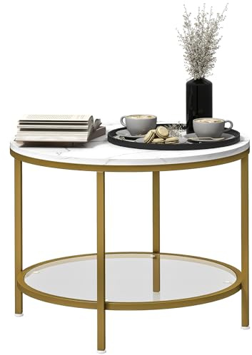 HOMCOM Mesa de Centro Redonda, Moderna Mesa Auxiliar de 2 Niveles con Tablero Efecto mármol y Estante de Cristal Templado, Extremo de sofá para salón, Dormitorio, Ø 60 x 45 cm, Blanco y Dorado