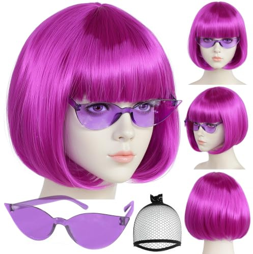 Parrucca Bob Viola Scuro con Frangia 3 Pezzi Parrucche Corte Viola per Donna Parrucche Lavanda Abbigliamento Cosplay Costume Di Halloween Festa + Occhiali Da Sole + Cappellino per Capelli clarahead