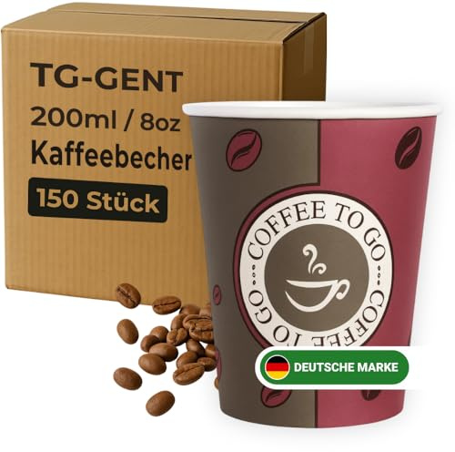 TG-GENT Kaffeebecher 200ml - 150 Stück | Auslaufsichere Kaffeebecher to go Einweg - Ideal für Heißgetränke wie Kaffee, Cappuccino oder Tee | Stabile Espressobecher bzw. Pappbecher als Einwegbecher