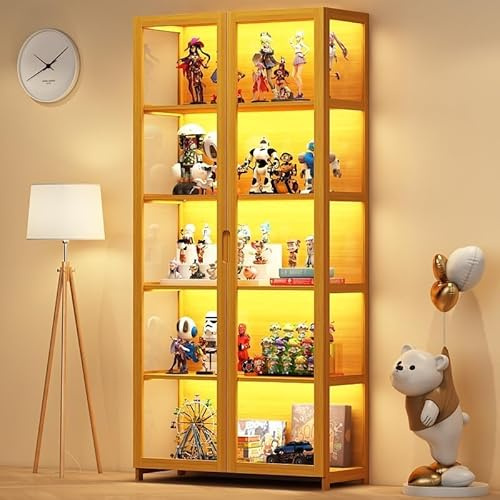 Scribora Vitrine avec Porte en Verre Acrylique, vitrine Curio à 5 Niveaux, pour Objets de Collection, bibliothèque pour Chambre à Coucher, Coin Lecture, Chambre de Tout-Petit, Bambou (Porte Folio