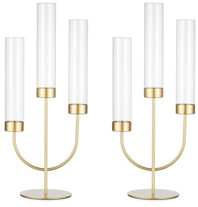 Sziqiqi Gold Candelabra for Wedding Centerpiece: 3 Arm Candle Holders with Cylinder for Taper Candle Stick - Metal Candlestick Holders Set of 2 for Christmas Engagement Table Decor