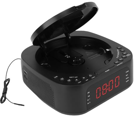 Syrisora Radiosveglia con Lettore CD Portatile con Ricarica USB, Display Oscurabile, Telecomando per Camera da Letto, Design con Caricamento Dall'alto, Doppi Allarmi, Timer di Spegnimento, (Spina