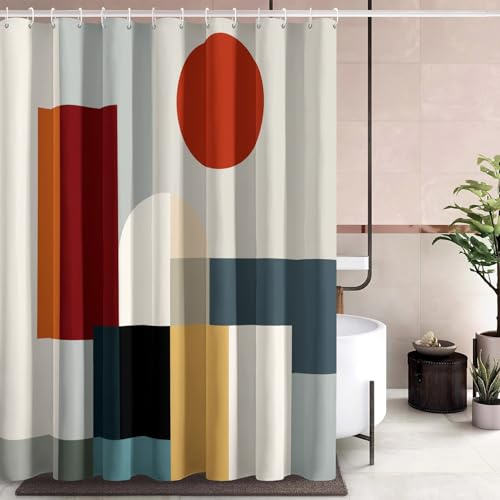 Generisch Duschvorhang Geometrisch Motiv, Modern Abstrakt Mid Century Duschvorhang 90x180 cm Badewanne Badezimmer Deko, Anti Schimmel Waschbar Wasserdicht Textil Shower Curtain, 12 Haken (HS72)