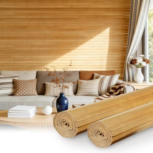 LCBBKYSQ Natural Bamboo Wall Panel for Interior Wall Decor, Pole Wrap Wainscoting Wall Cladding Panel for Kitchen Island, Bedroom, Living Room, Office, Light-Carbonized (48 x 96-2 pcs)