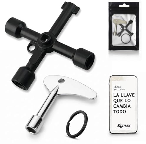 Sigmax Llave Multifuncional de 4 puntas 6 en 1 con Llavero + Guia Digital | Llave de Cruz y Llave Maestra Triangular | Contador de agua, Gas, Ascensores, Herramienta Maestra para Armarios Eléctricos