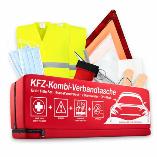 breathefirst Kit de premiers secours pour voiture DIN 13164 (2026) - Avec triangle de signalisation, masque CPR et 2 gilets de sécurité - Homologué UE et sauvant des vies