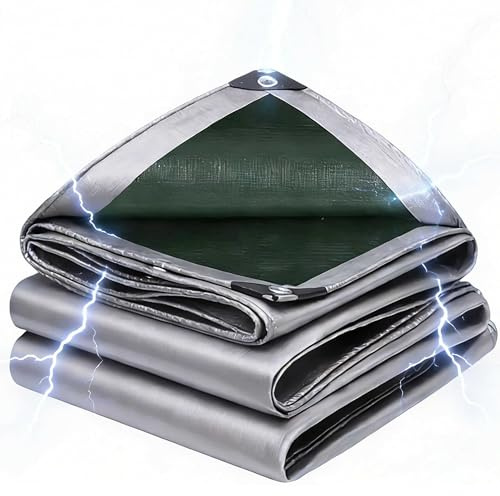 Lona Impermeable Exterior Heavy Duty 200g/m² PE 6x7m Toldo Reforzado Protección Cubretodo Duradera Resistente a Los Rayos UV Desgarros, Multiusos para Muebles Jardín Piscina Coche Plata Verde
