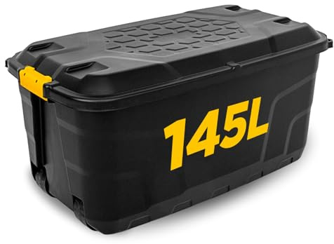 NOVECRAFTO 145L Extra Large Storage Box on Wheels with Lid – Heavy-Duty Storage Box with Clip-Lock Handles, Padlockable, Stackable & Weather-Resistant – Garage, Shed & Outdoor (Black)