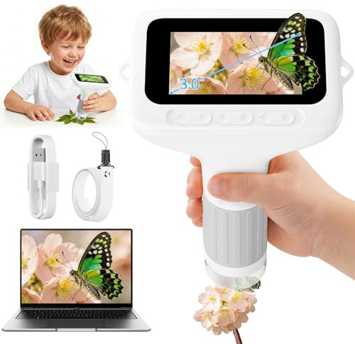 ASPOVEN Digital Microscope Kids 1000x, 3.0-inch Kids Microscope (White) | Portable Microscope with Video, Photo Function and PC Compatibility, Handheld Microscopes for Garden, Outdoors and Gifts