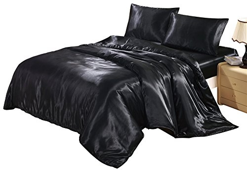 DREFEEL Hotel Quality Black Duvet Cover Set Queen/Full Size Silk Like Satin Bedding with Hidden Zipper Ties Soft Comfortable Stain Resistant Solid Quilt/Comforter Cover Set