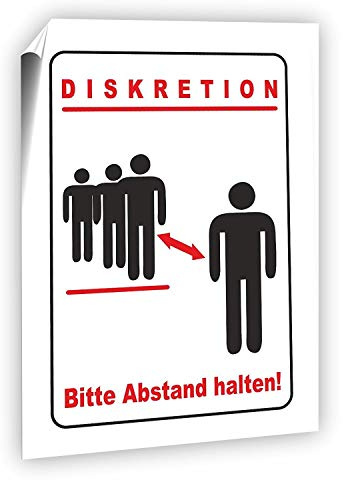 Diskretion - Bitte Abstand halten! Aufkleber DIN A5 (14,8 x 21,0 cm), PVC Folie für den langfristigen Außeneinsatz, UV beständig und wetterfest - Wieder entfernbar!