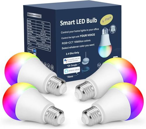OHLUX Smart Light Bulbs, Color Changing LED Bulbs for Alexa and Google Assistant, 2.4GHz WiFi and Bluetooth with Music Sync, E26 A19, 120V, 4 Pack