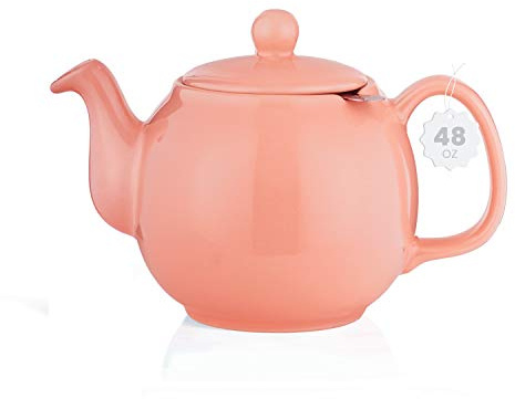 SAKI Large Porcelain Teapot, 48 Ounce Tea Pot with Infuser, Loose Leaf and Blooming Tea Pot - Pink