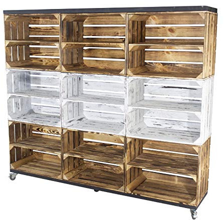 Vintage Möbel 24 GmbH Raumtrenner/Regal aus Kisten und Bohlenbrettern auf Rollen, Geflammt/GrauVintage Kommode (133x150x30cm mit 9 Regalen)