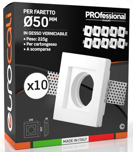 10x Portafaretti in Gesso da Incasso Controsoffitti Quadrato 100x30mm - per Faretti diam. 50mm GU10 GU5.3 colore bianco portalampada GU10 inclusi - Eurocali