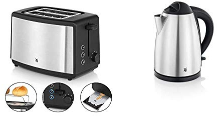 WMF Bueno Edition Toaster Edelstahl, Doppelschlitz- Toaster mit Brötchenaufsatz, 7 Bräunungsstufen, 800 W, edelstahl matt & BUENO Wasserkocher, 1,7 l, 2400 W, Kalk-Wasserfilter, cromargan matt/silber